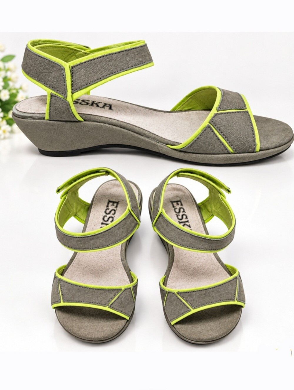 NIB Esska Nitch Leather Wedge Sandals Dusty Grey Lime Green Size 36 / US 6